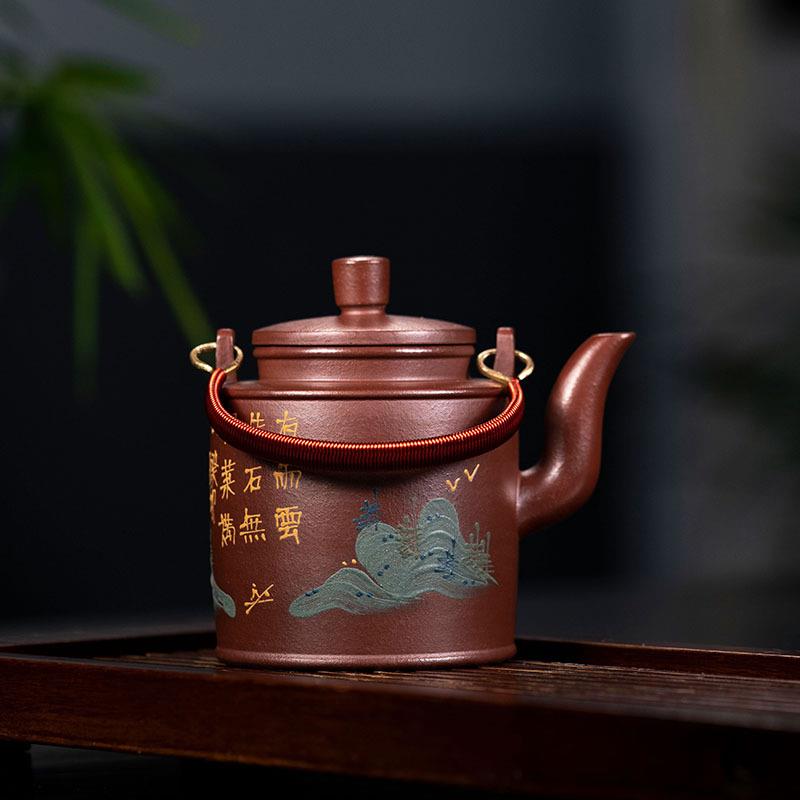 德钟提梁紫砂壶原矿底槽青洋桶壶茶具厂家纯全手工泥绘茶壶家用