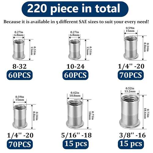 跨境220PCS 盒装 6.8-13.2mm 304不锈钢平头铆钉螺母组合套件