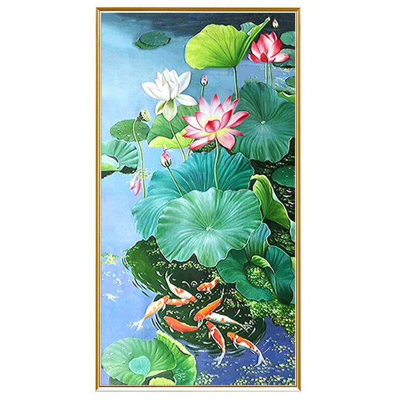 纯手绘油画荷花九鱼图玄关装饰画新中式入户进门壁画走廊过道挂画