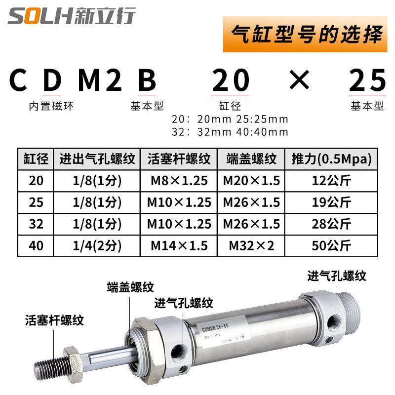 磁性气动双动微型不锈钢迷你气缸CDM2B20/25/32-25/50/75/100/200