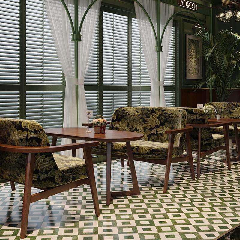 复古西餐厅餐桌椅组合咖啡厅奶茶店休闲茶几桌椅南洋风实木沙发椅