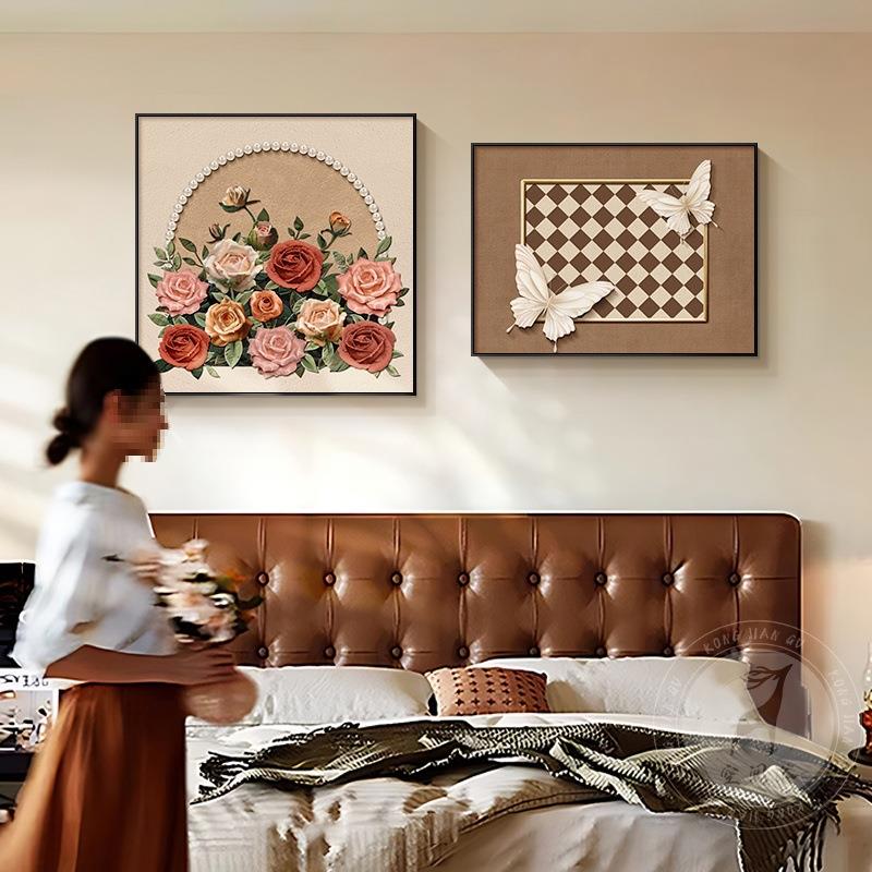 中古玫瑰卧室床头装饰画法式复古主卧房间挂画奶油风餐厅组合壁画
