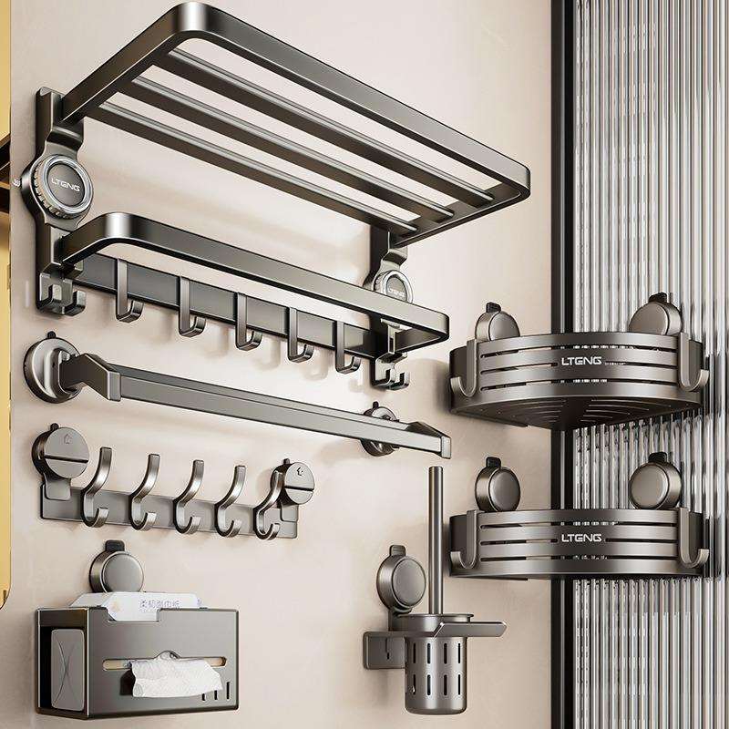 旋转吸盘毛巾架卫生间免打孔浴巾置物架子浴室一体太空铝厕所轻奢