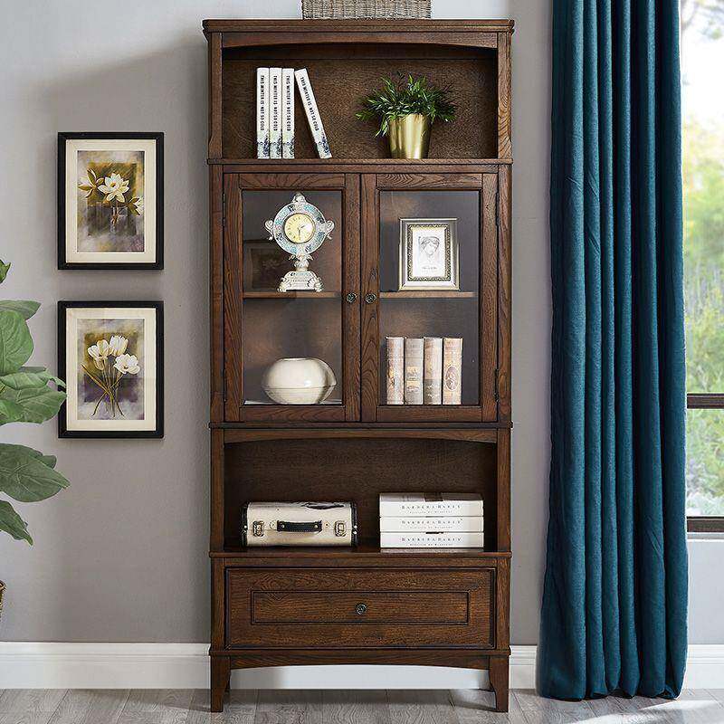 美式实木书柜置物书架落地书房家具展示柜陈列柜自由组书架书橱