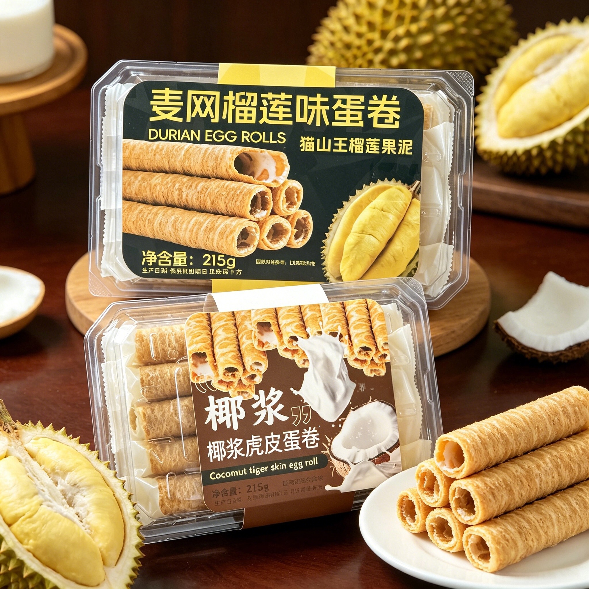 椰浆虎皮蛋卷蟹黄肉松味蛋卷注心麦网榴莲蛋卷酥皮注心卷夹心蛋卷