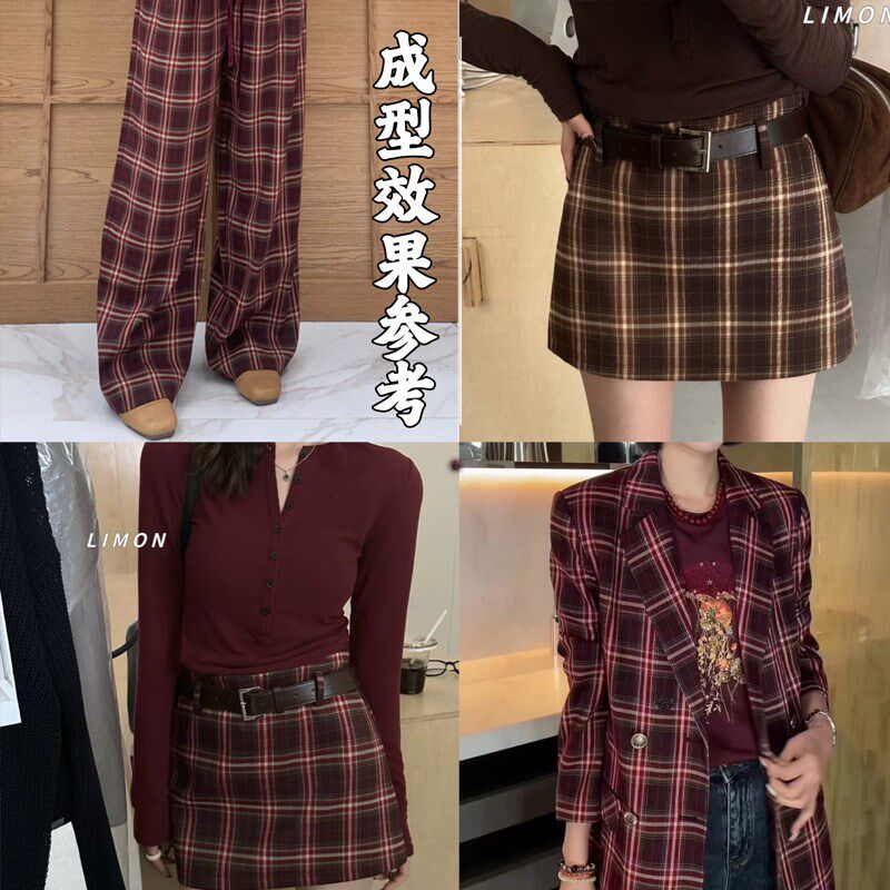 安可拉红格子裤布料色织服装裙子外套裤面料秋冬diy手工布料