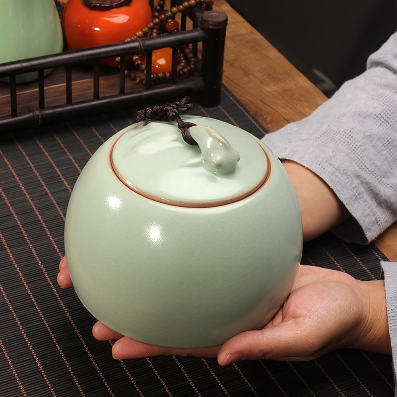 汝窑陶瓷茶叶罐醒茶密封储存罐开片创意中式复古防潮家用普洱茶盒
