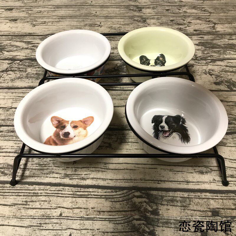 萌兽猫碗狗碗猫盆狗盆宠物碗陶瓷双碗架不锈钢碗高架宠物食水粮碗