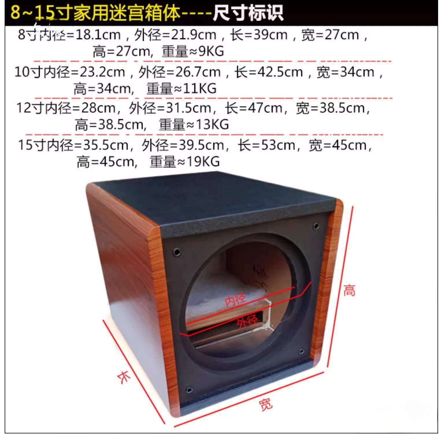 8/10寸12寸15寸低音炮全频音箱空箱体迷宫型超重低音汽车喇叭外壳图片