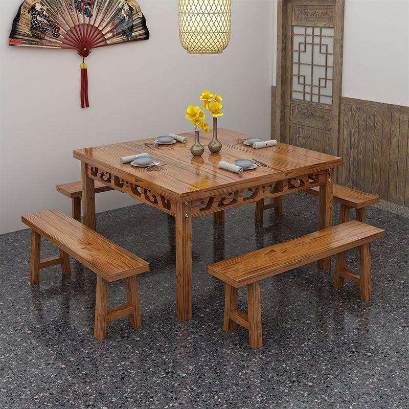饭店专用炭化实木桌凳组合早餐店火锅店小吃店雕花耐用实木餐桌