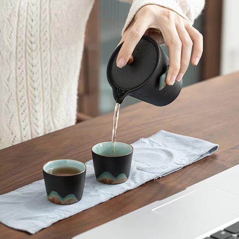 粗陶快客杯一壶二杯户外车载便携式套装日式手绘远山功夫旅行茶具