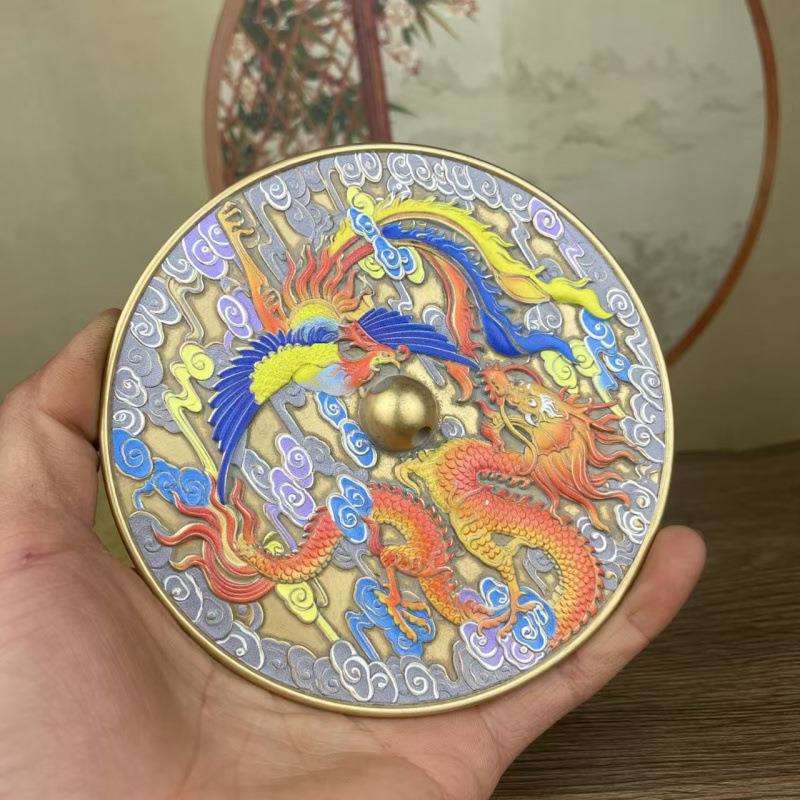 新款彩绘龙凤呈祥结婚铜镜小怀镜新娘压腰镜龙凤护身镜婚庆圆镜子