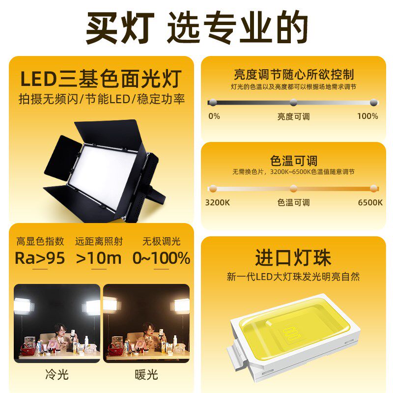 led三基色面光灯演播室摄影平板柔光灯直播会议室舞台面光补光灯