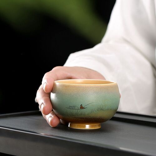 金镶玉高端陶瓷窑变女士茶杯单杯中式纯全手绘主人杯高档品茗茶盏