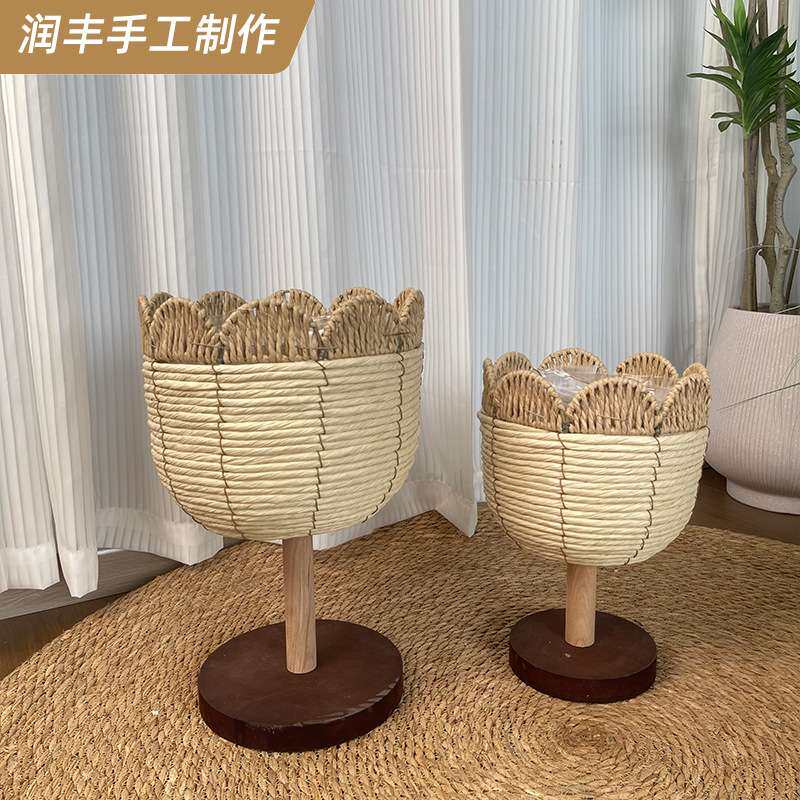 跨境手工编织花篮大编织花盆底座花架客厅阳台装饰田园花器装饰品