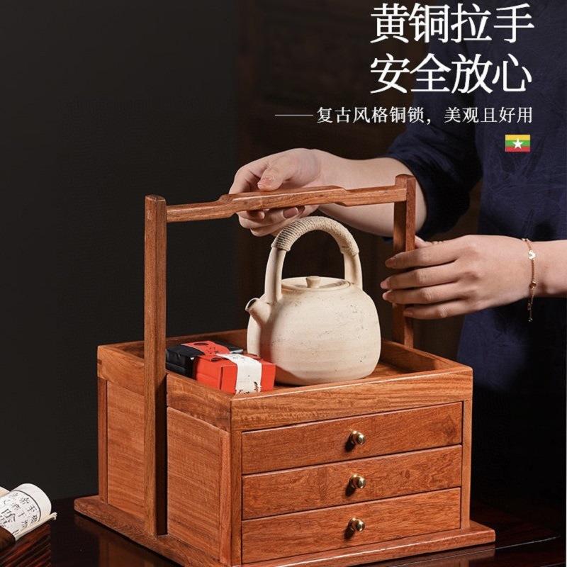 厂家缅甸花梨三层提篮 桌面收纳柜中式抽屉斗柜 摆件装饰简易