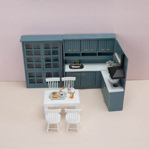 1:12娃娃屋dollhouse迷你微缩厨房料理台餐桌椅橱柜套装场景道具