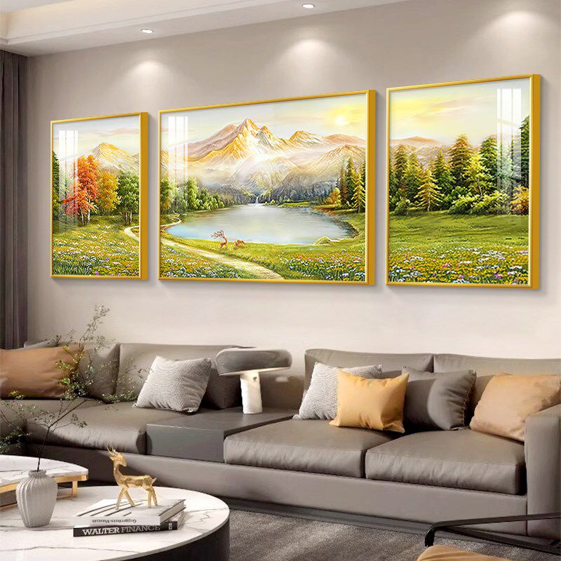日照金山客厅装饰画奶油风沙发背景墙挂画山水风景油画三联壁画