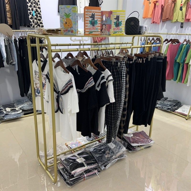 服装店衣服展示架铁艺货架落地式金色双排中岛架女装专用挂衣架子