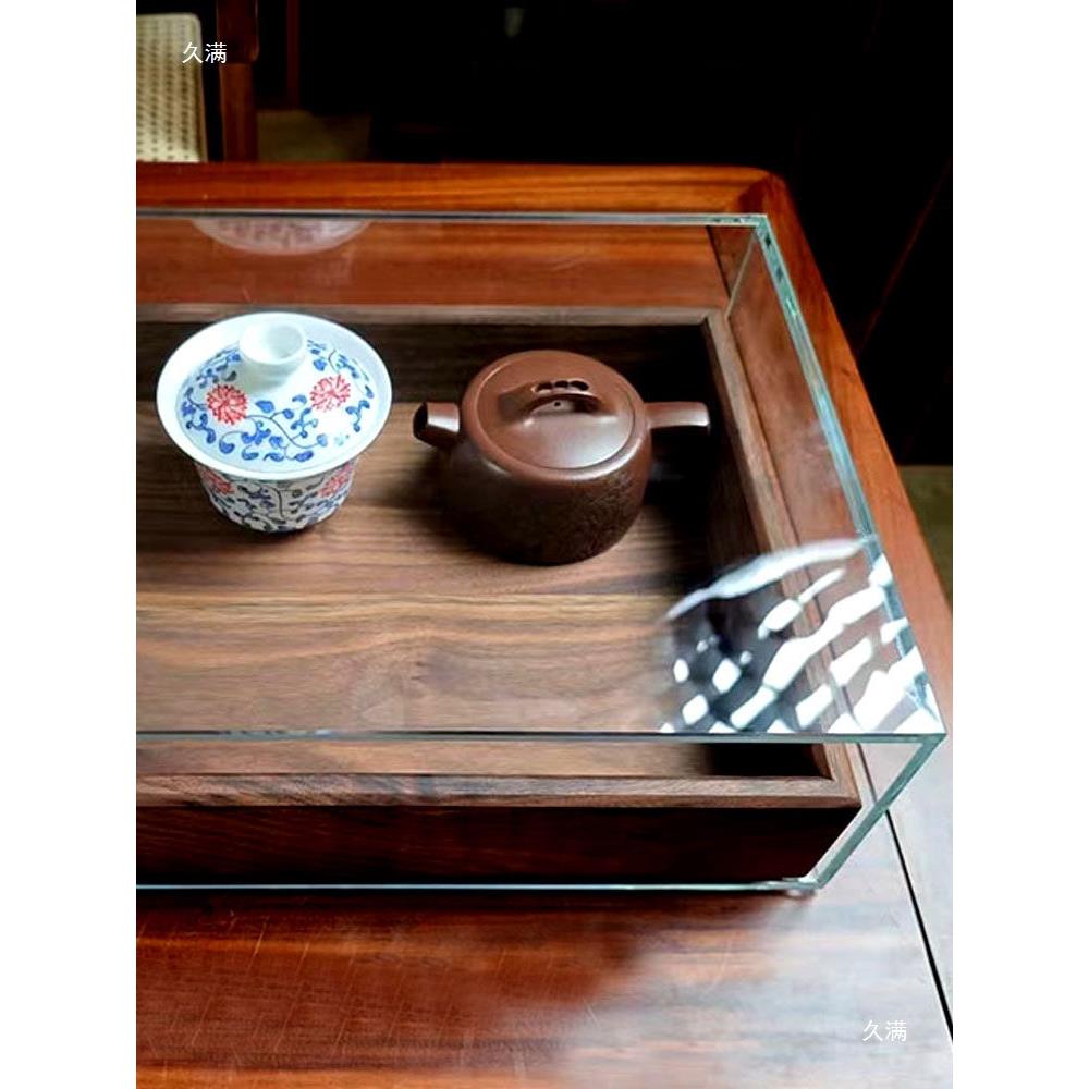 黑胡桃木桌面玻璃展示柜茶具茶杯收纳盒柜透明防尘文玩饰品展示盒