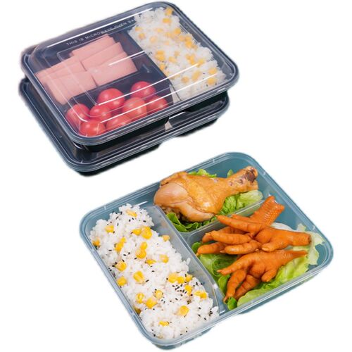 一次性餐盒长三格方形打包盒加厚透明黑色多格便当盒分格塑料饭盒