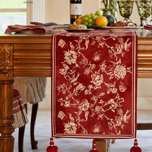 蜡笔派繁花似锦桌旗中式新年红色氛围感桌旗茶几斗柜防尘盖布定制