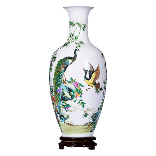 景德镇陶瓷器粉彩孔雀花瓶对瓶中式家居装饰品客厅插花工艺品摆件