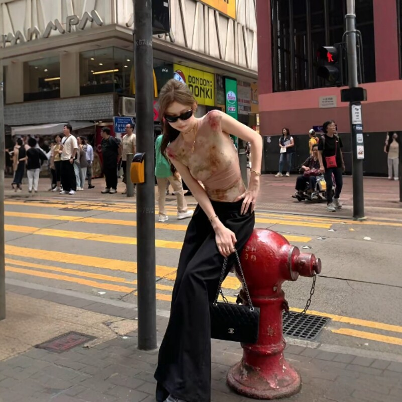 韩风chic一整套小众复古风修身显瘦网红穿搭上衣休闲宽松长裤套装