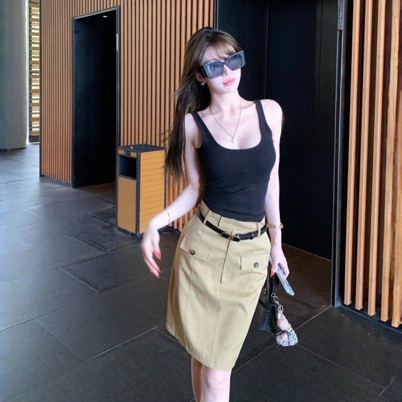夏季纯欲显瘦美背吊带高腰半身裙