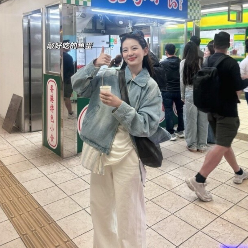 复古时尚拉链牛仔外套打底衬衫上衣女早春休闲百搭阔腿裤两件套装