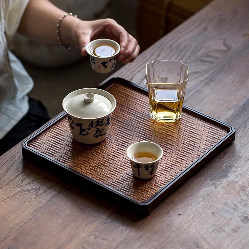 中式竹编纹干泡盘长方形茶盘竹制席面家用奉茶盘功夫圆形茶台茶托