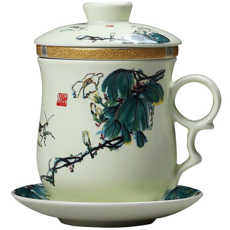 景德镇陶瓷茶杯带盖子过滤水杯陶瓷泡茶杯茶具办公会议个人杯四件