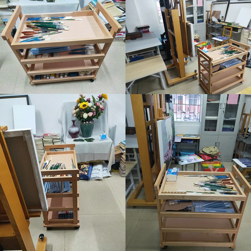榉木三层四层实木多功能油画车画桌移动画柜专业工具车笔车储物柜