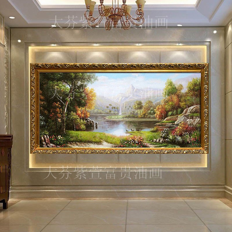 手绘古典风景油画客厅装饰画欧式山水油画聚宝盆家居挂画