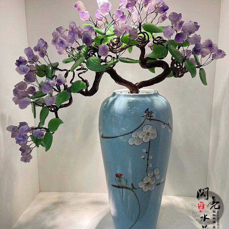 天然紫水晶招财树发财树居家客厅创意装饰品陶瓷摇钱树办公室摆件