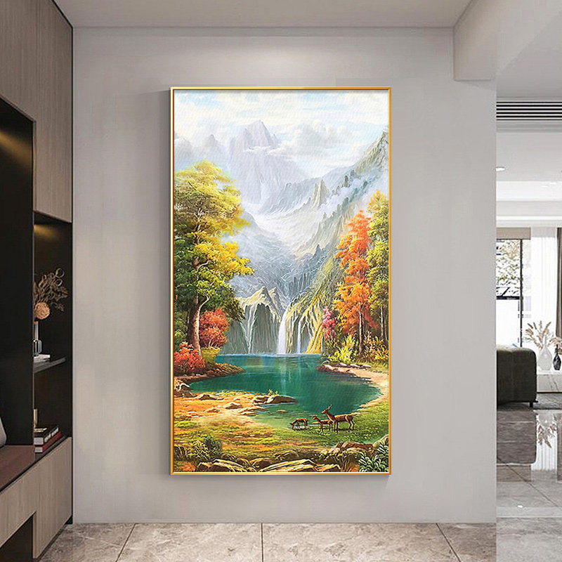 招财聚宝盆山水画油画挂画玄关画竖版进门客厅走廊装饰画生财壁画