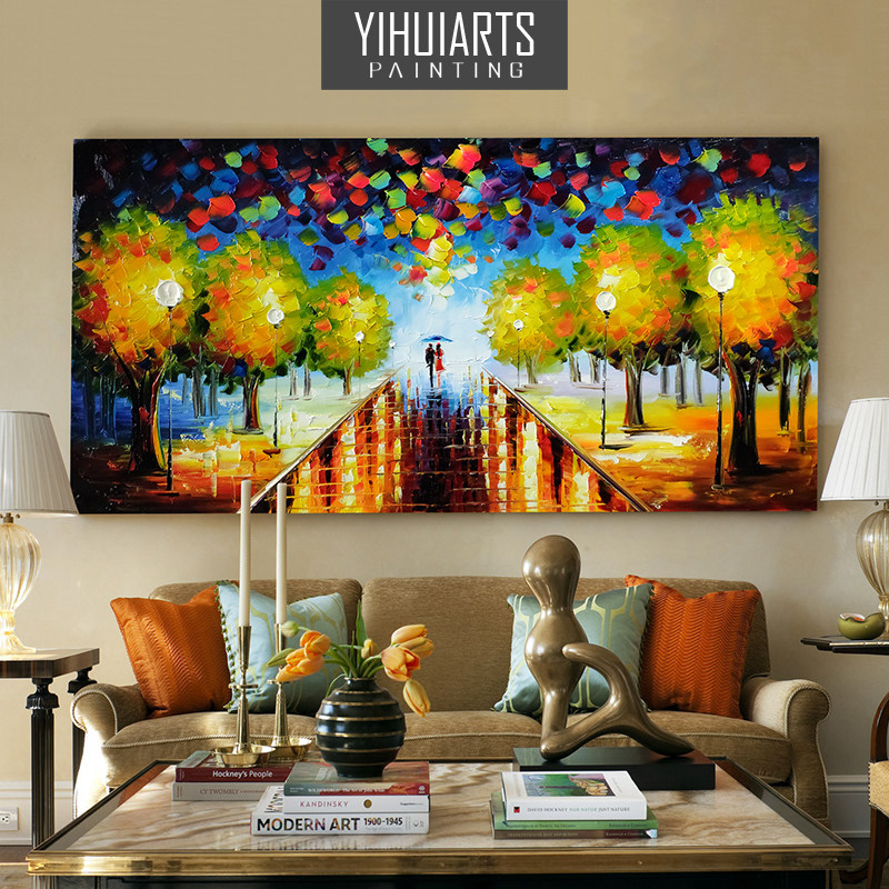 原创纯手绘刮刀油画卧室客厅沙发背景墙现代简约横版风景装饰画