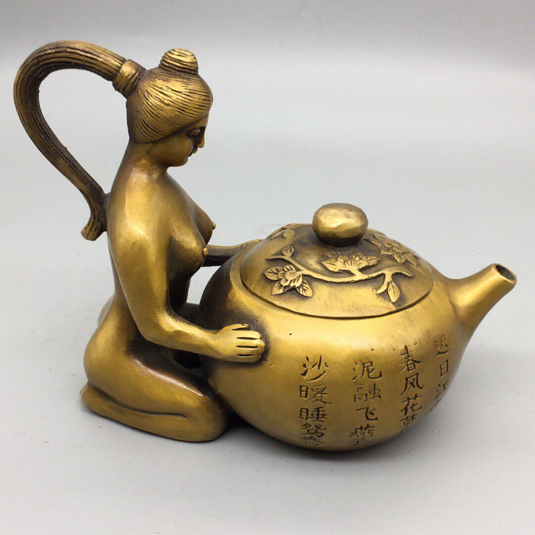 收藏复古纯铜美女壶摆件西施壶酒壶茶壶家居客厅办饰礼品茶宠装饰