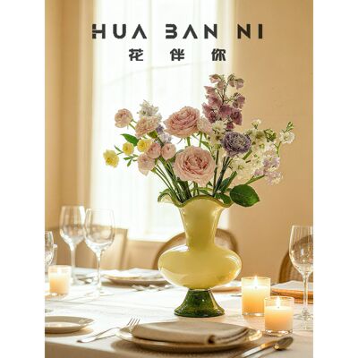 中古高脚侘寂风绿色芬顿玻璃花瓶家居玻璃拼色风灯花瓶插花器装饰