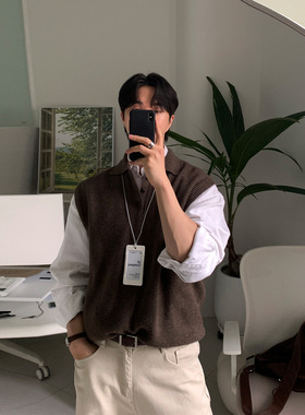 棕色英伦风polo领无袖针织衫男秋季潮牌宽松套头毛衣休闲通勤背心