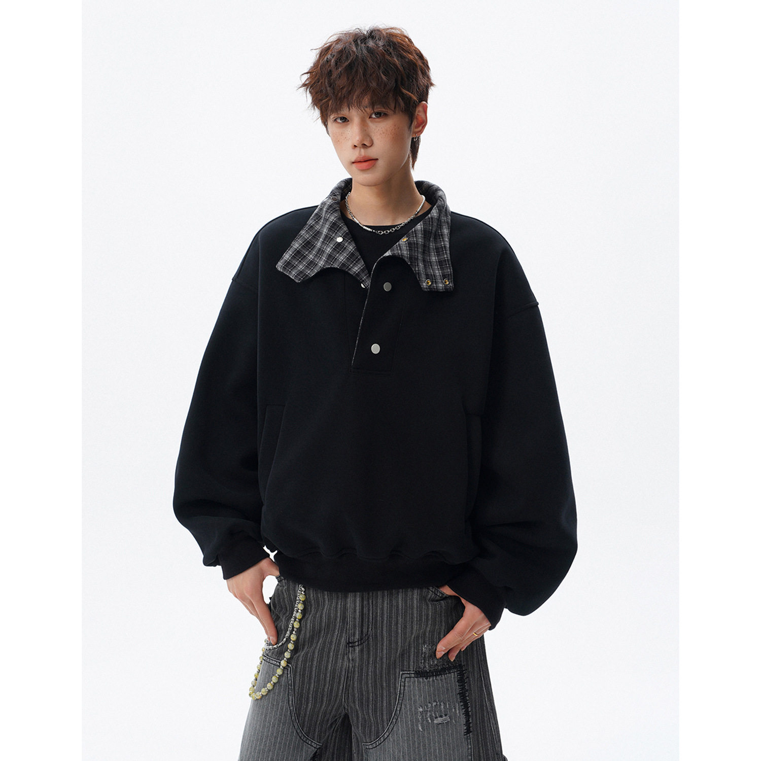 2026春装新款男士美式纽扣立领重磅卫衣情侣格子拼接韩版潮外套男