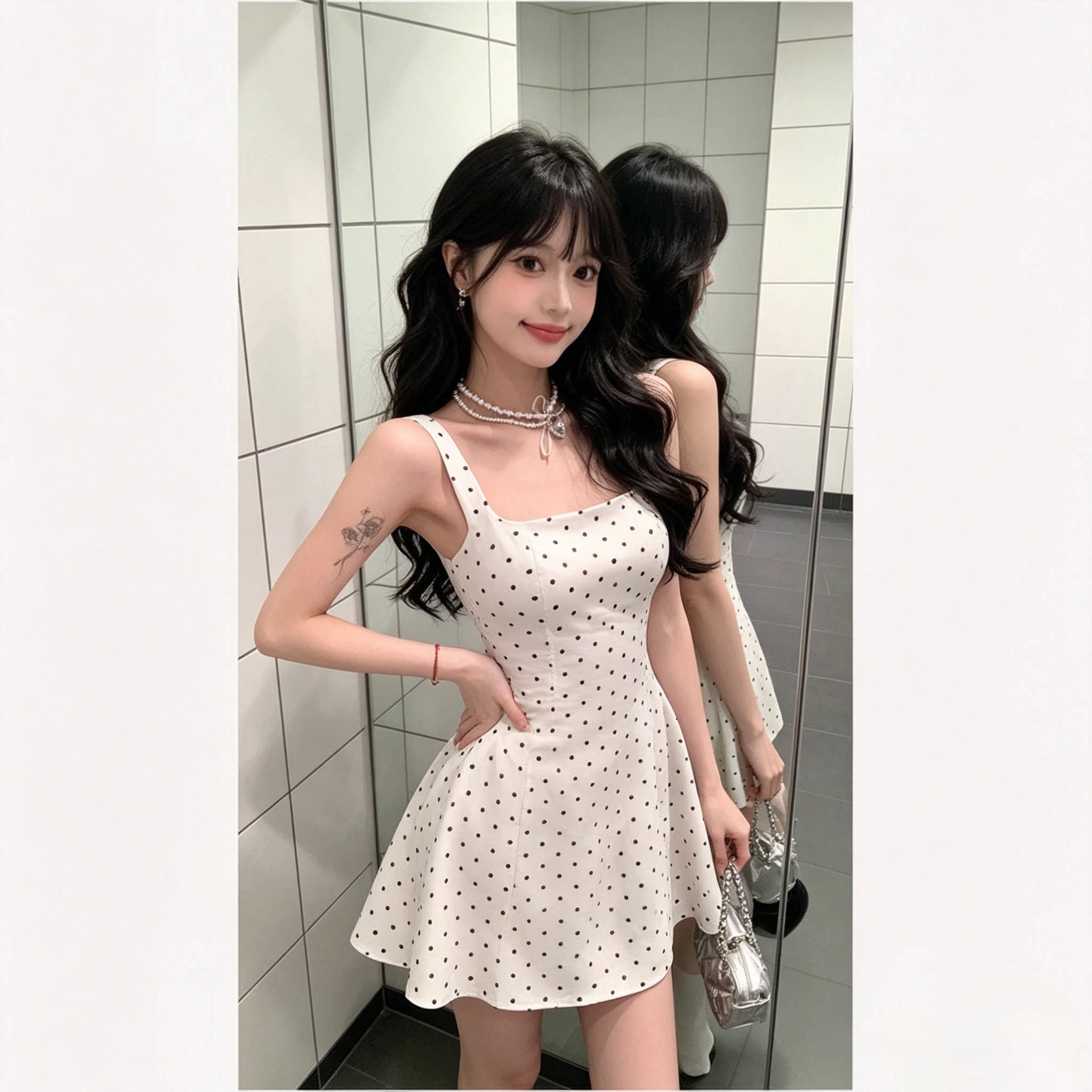 纯欲方领设计感吊带连衣裙女夏季修身显瘦短裙气质波点收腰蓬蓬裙