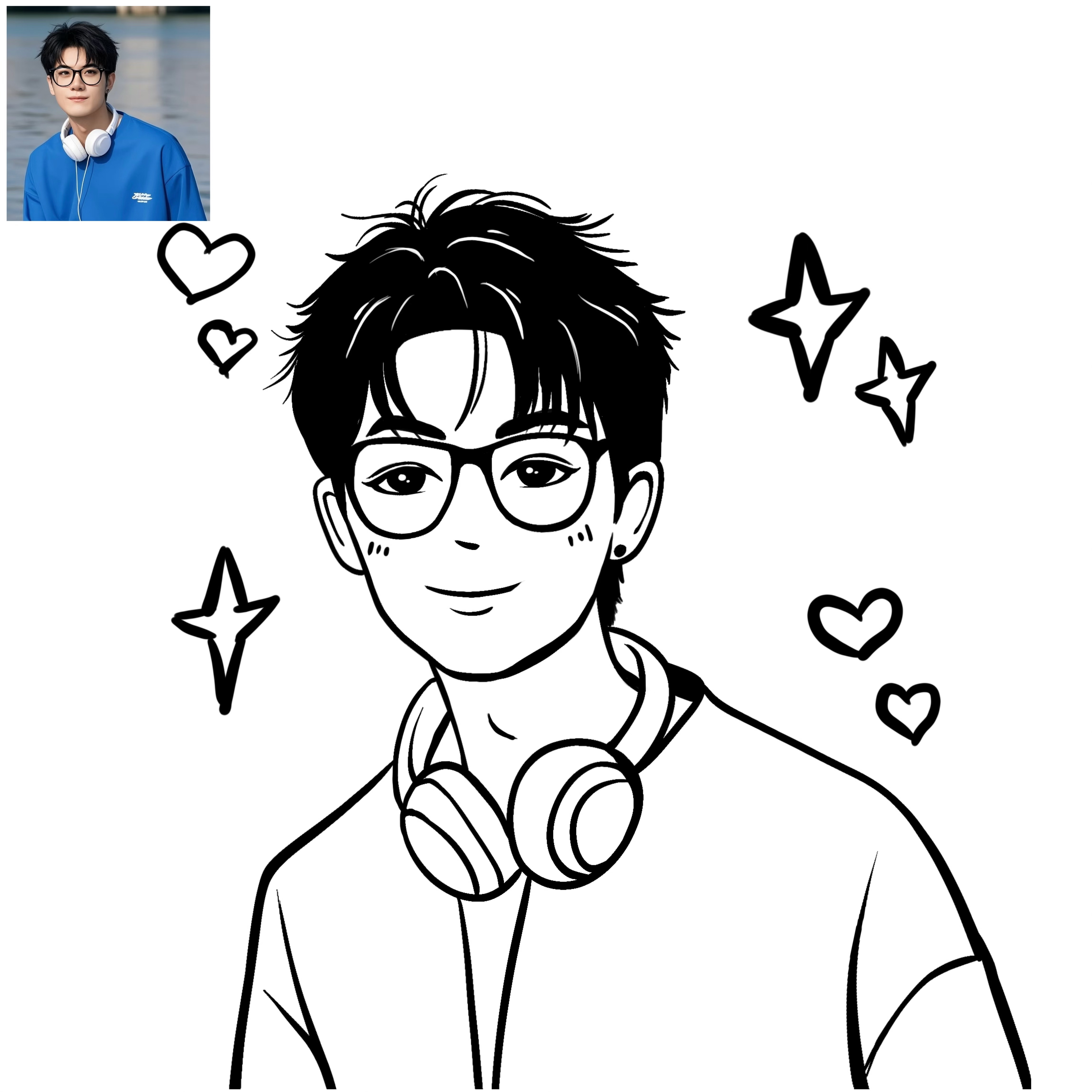 真人漫画简笔画ins头像手绘定制Q版人物约稿设计卡通黑白线条插画