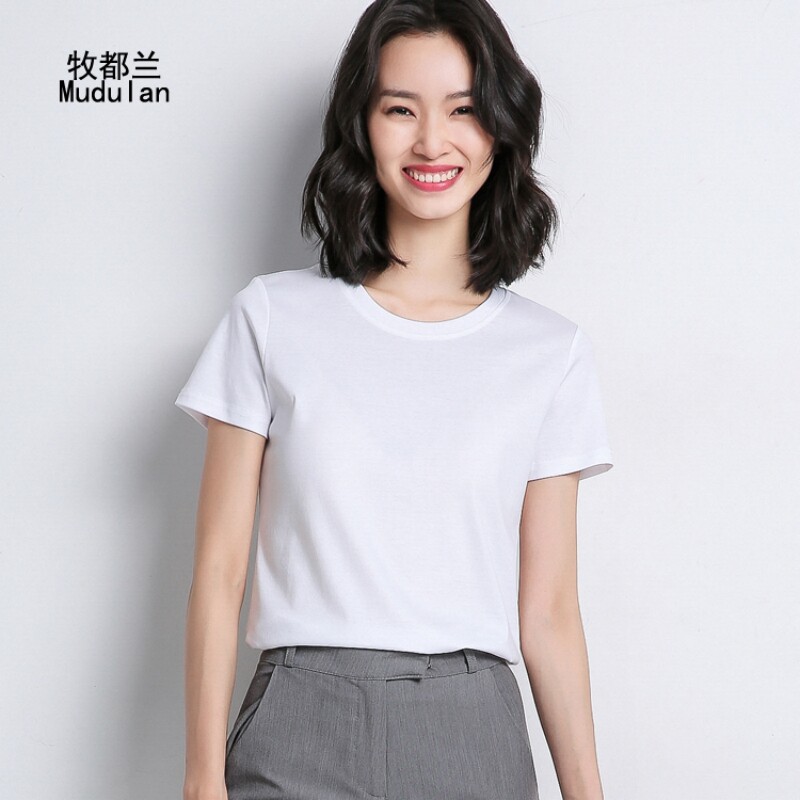 牧都兰纯棉T恤女新款夏季半袖休闲简约正肩收腰基础修身显瘦短袖