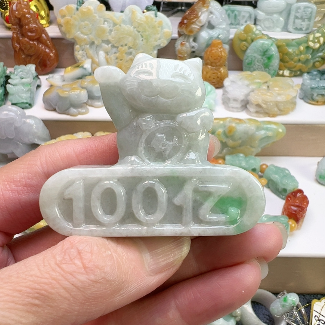 天然翡翠招财猫摆件