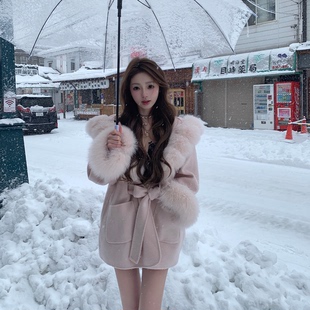 少女贵气两色双面尼大狐狸毛毛领全羊毛大衣 安妮 你 懒懒llan