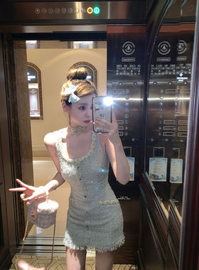 你的懒懒llan 私藏冰糖小香 订珠钻链收腰吊带包臀裙2025秋季