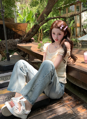 你的懒懒llan 宿醉女高 镂空提花甜美纯欲露肩吊带上衣连衣裙