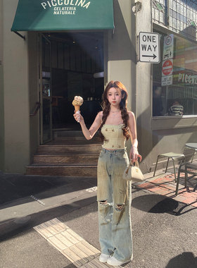 你的懒懒llan【私服Acn牛仔裤】手工做旧破洞脏脏牛仔裤女新款