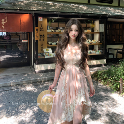 你的懒懒llan丝绒印花蕾丝长裙